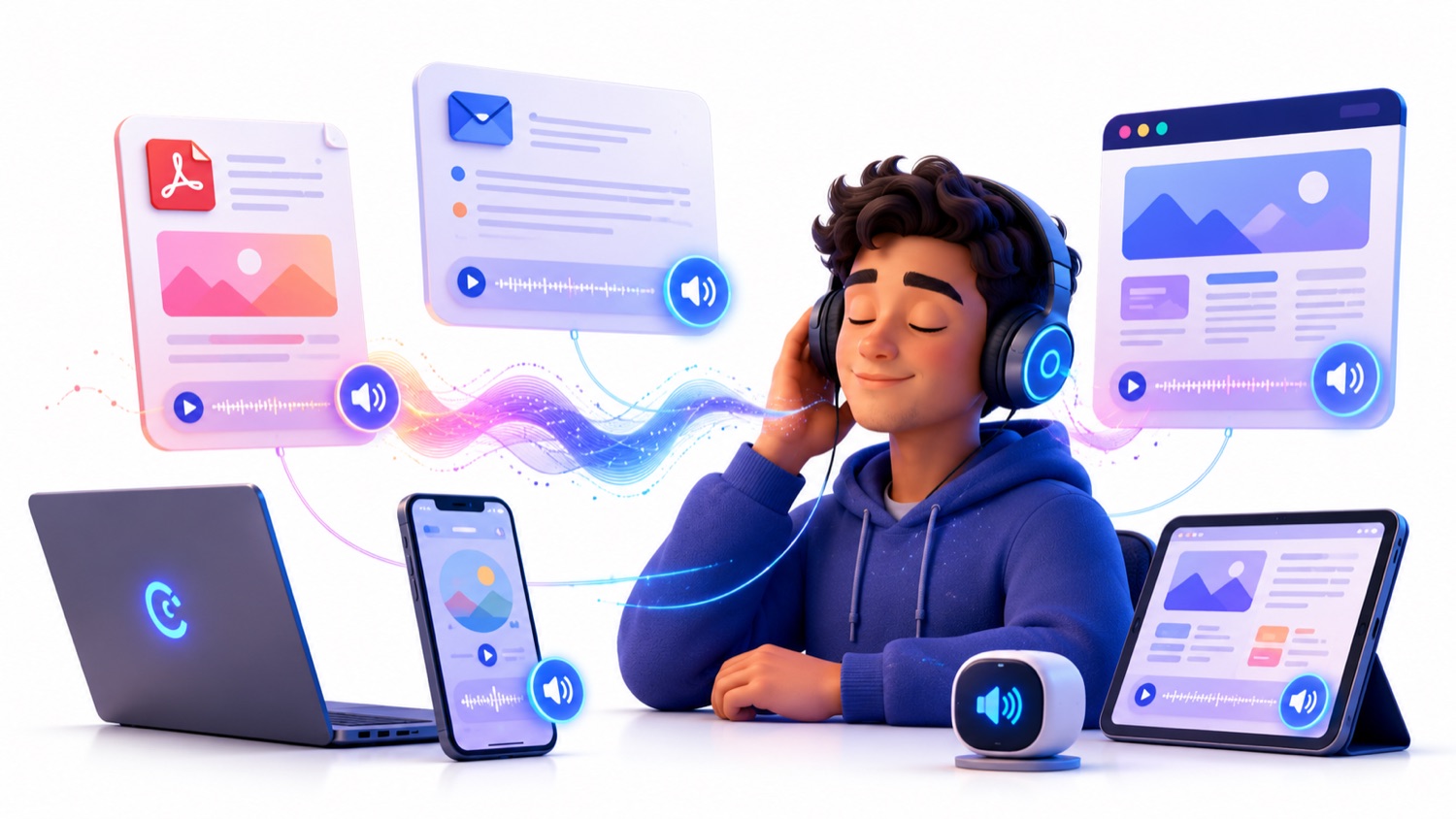 A Clariva user listening to documents across a laptop, phone and tablet.